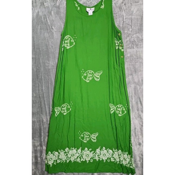 Desert Jems Sleeveless Maxi Dress Sz Med Green fish beach rayon summer - Picture 1 of 10
